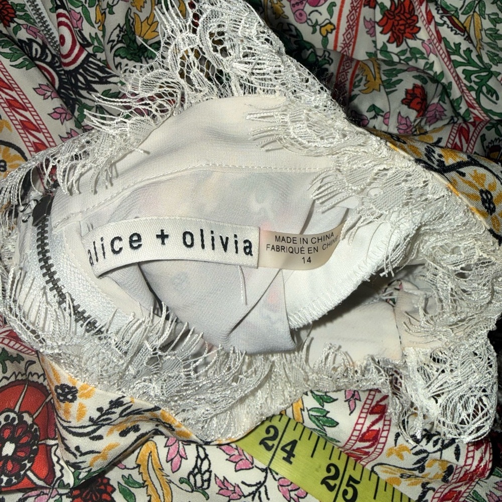 Alice + Olivia Lawson Floral Tiered Dress Green and Cream Mock Neck Dress Sz L - Picture 5 of 16